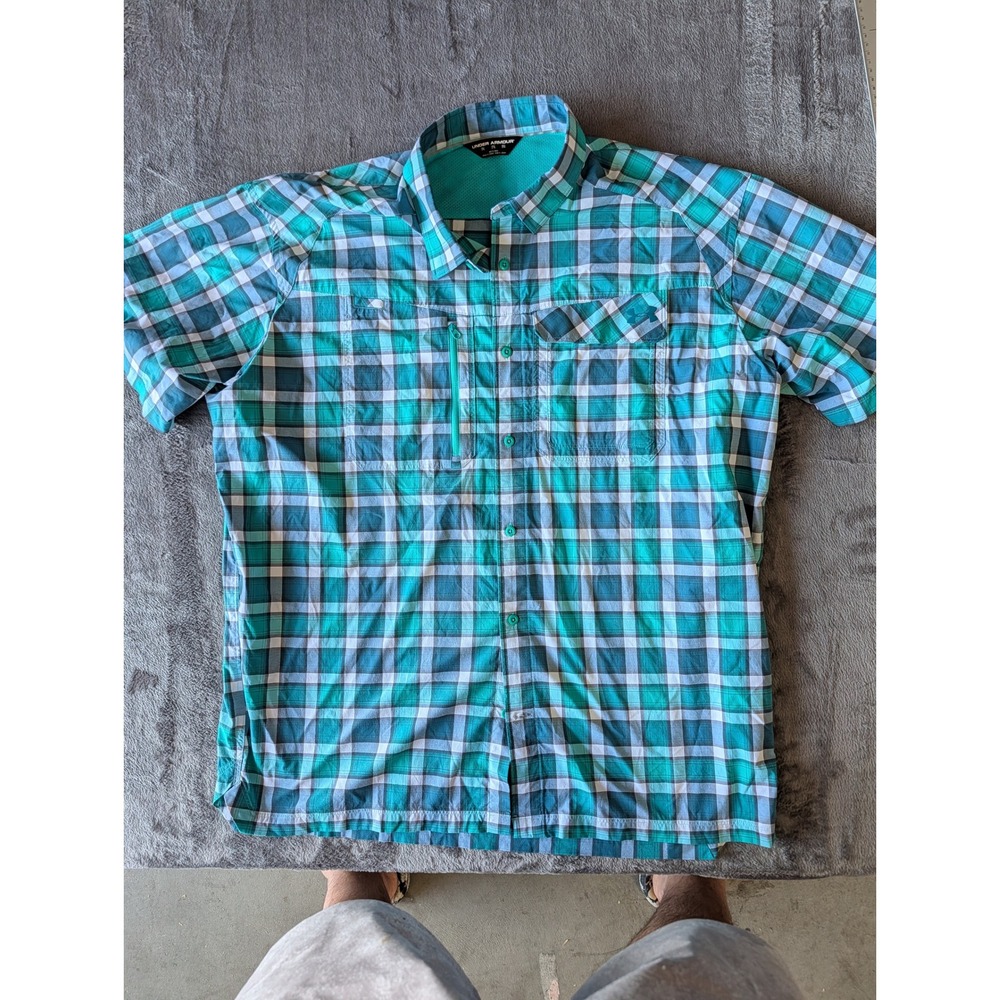 Under Armour Mens 2XL HeatGear Plaid Short Sleeve Vented Fishing Shirt Teal Blue